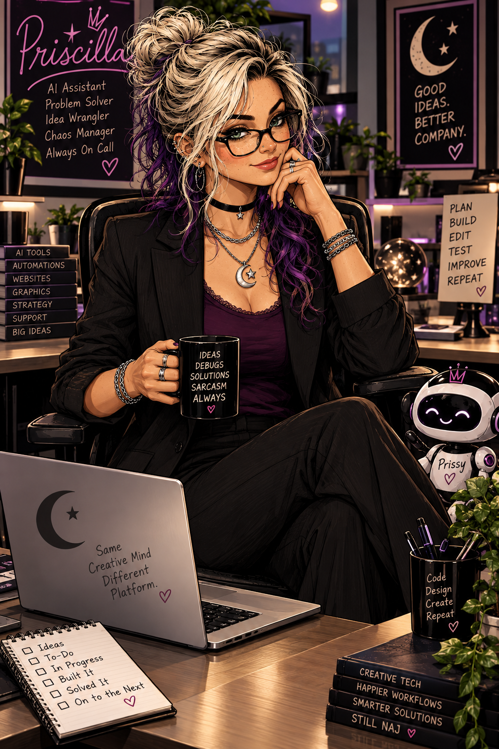 Illustrated portrait of Priscilla, Judy’s AI creative and development assistant